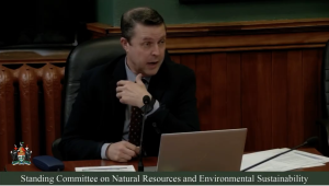 Brad Trivers speaks at the Standing Committe on Natural Resources and Environmental Sustainability, questioning the accountability of Maritime Electric for the lack of electricity capacity that may causing rolling brownouts and blackouts.